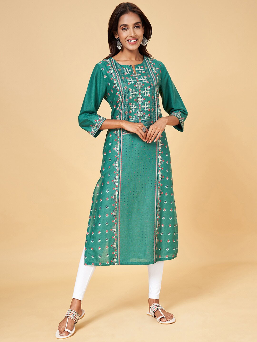 

RANGMANCH BY PANTALOONS Ethnic Motifs Printed Cotton Straight Kurta, Green