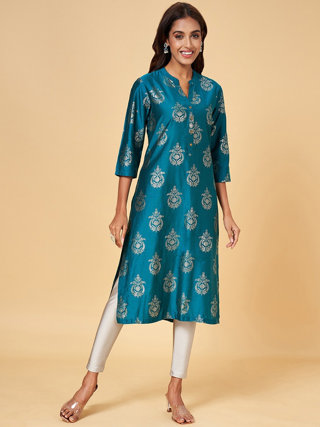 

RANGMANCH BY PANTALOONS Ethnic Motifs Printed Mandarin Collar Straight Kurta, Teal