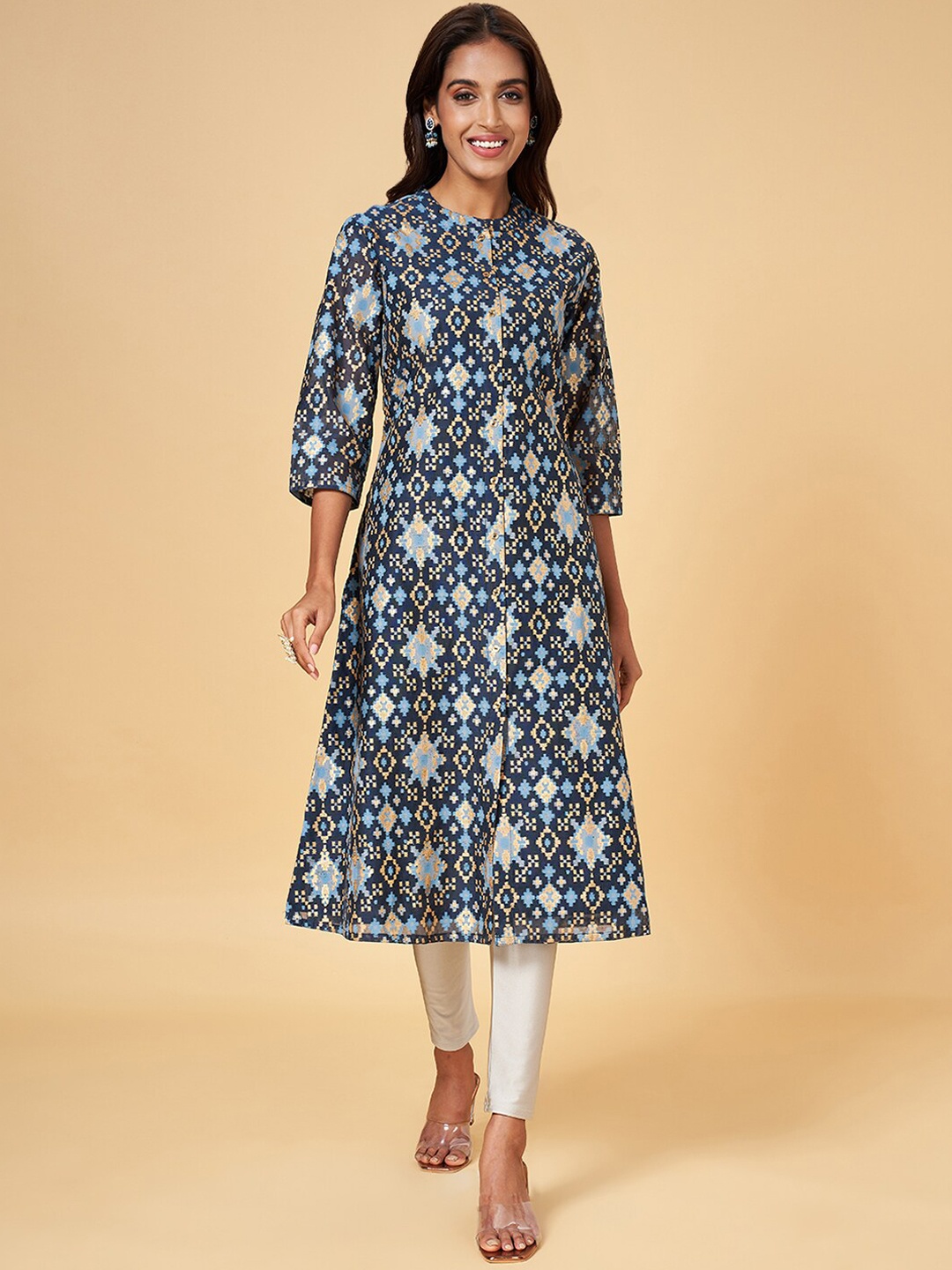 

RANGMANCH BY PANTALOONS Ethnic Motifs Printed Chanderi Silk Kurta, Blue