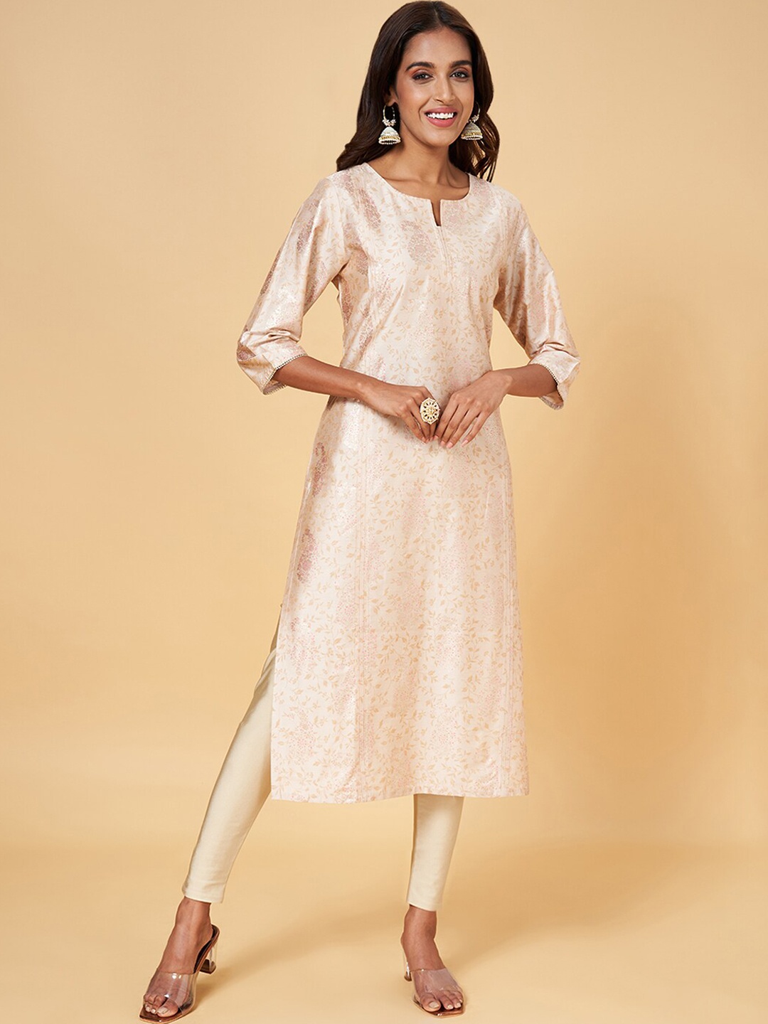 

RANGMANCH BY PANTALOONS Ethnic Motifs Printed Kurta, Beige