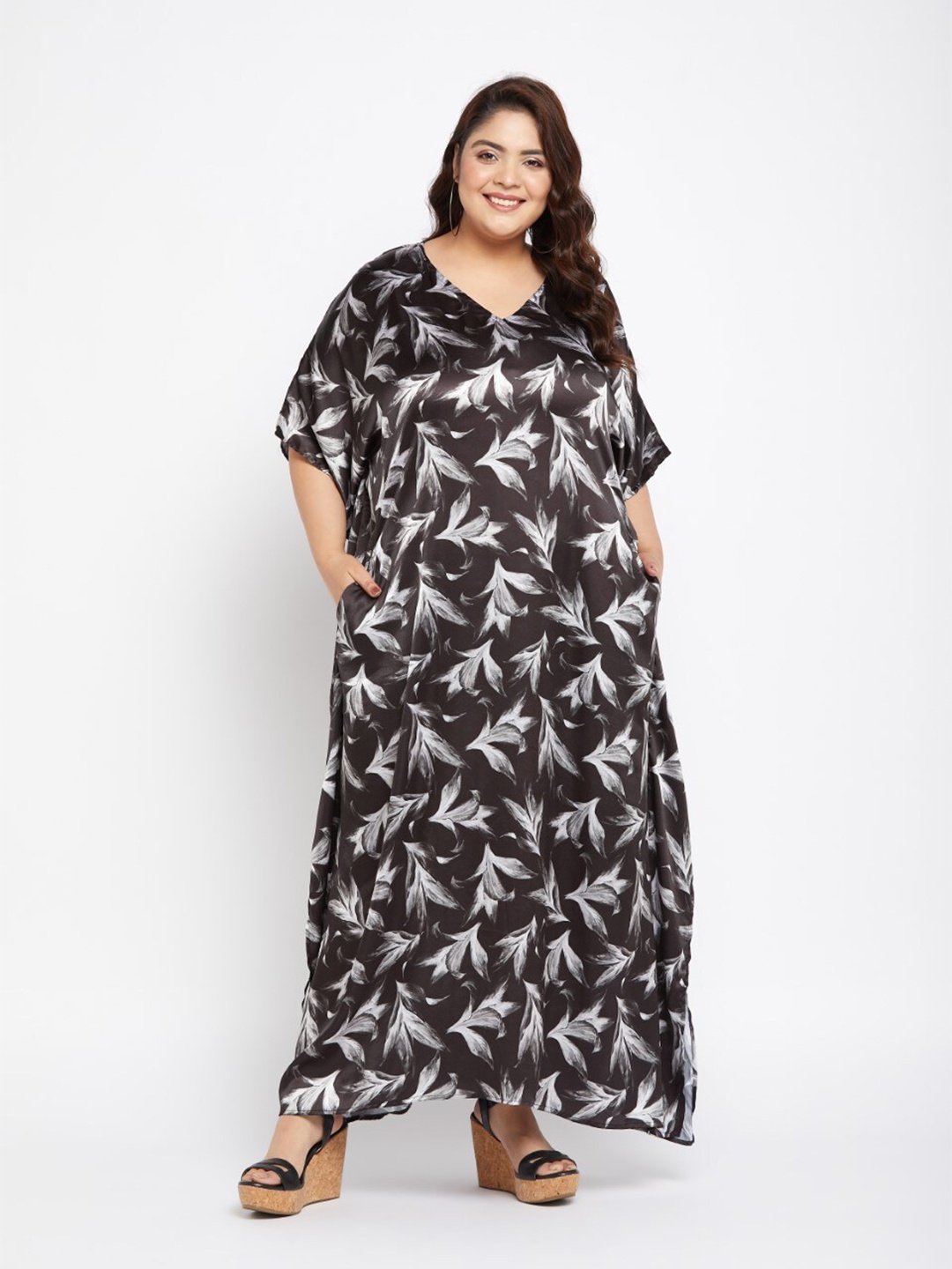 

Riara Conversational Printed V-Neck Extended Sleeves Silk Kaftan Maxi Dress, Black