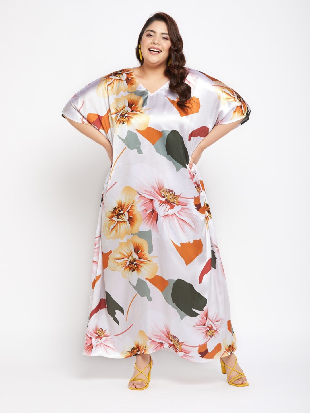 

Riara Floral Printed Extended Sleeves Silk Kaftan Maxi Dress, White