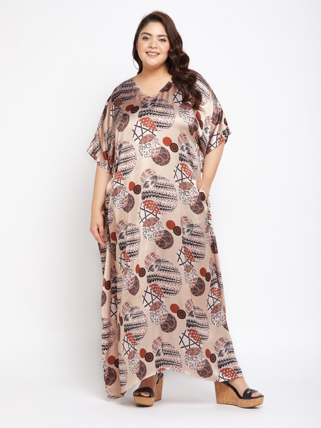 

Riara Abstract Printed Satin A-Line Midi Dress, Beige