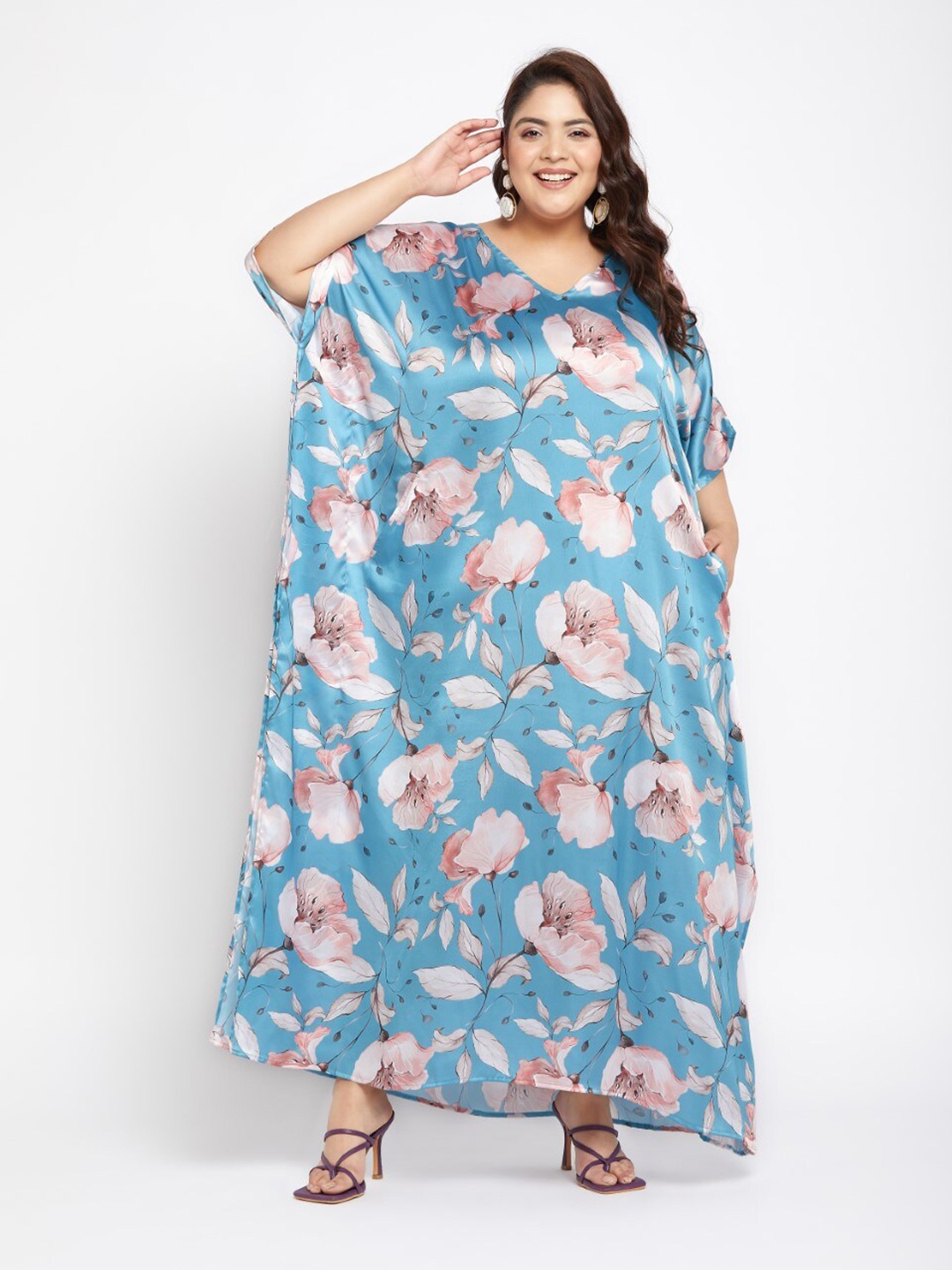

Riara Floral Printed Satin A-Line Midi Dress, Blue