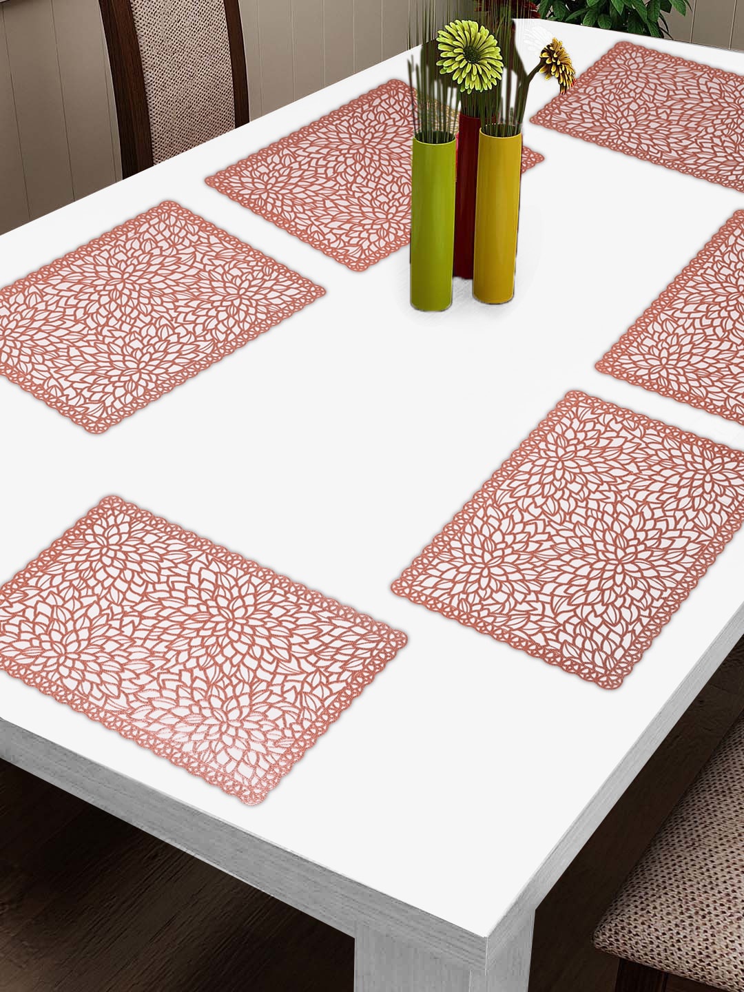 

FABINALIV Copper Toned 6 Pieces Floral Embellished Table Placemats