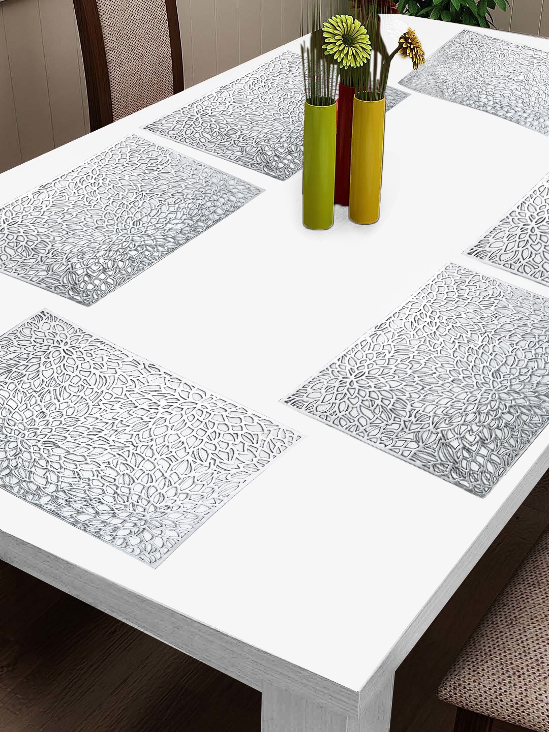 

FABINALIV Grey 6 Pieces Floral Textured Table Placemats