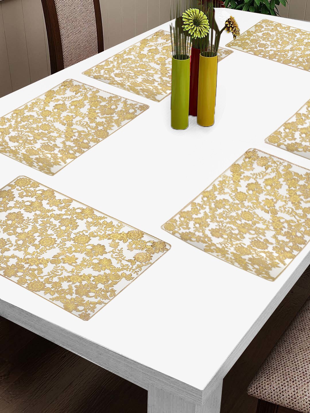 

FABINALIV Beige-Colored 6 Pieces Floral Embellished Table Placemats