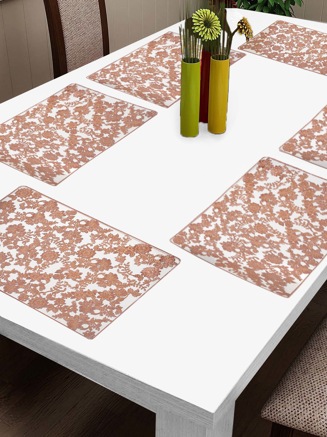 

FABINALIV Copper Toned 6 Pieces Floral Embellished Table Placemats