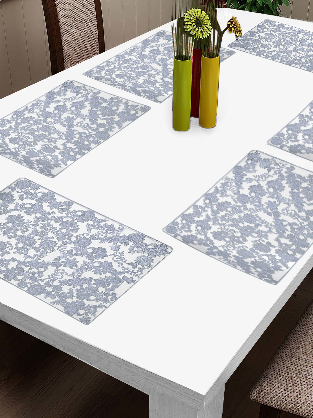 

FABINALIV Silver Toned 6 Pieces Floral Embellished Table Placemats