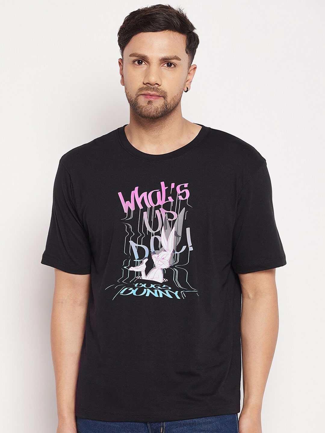 Wear Your Mind Bugs Bunny Printed Oversized Pure Cotton T-shirt, Black