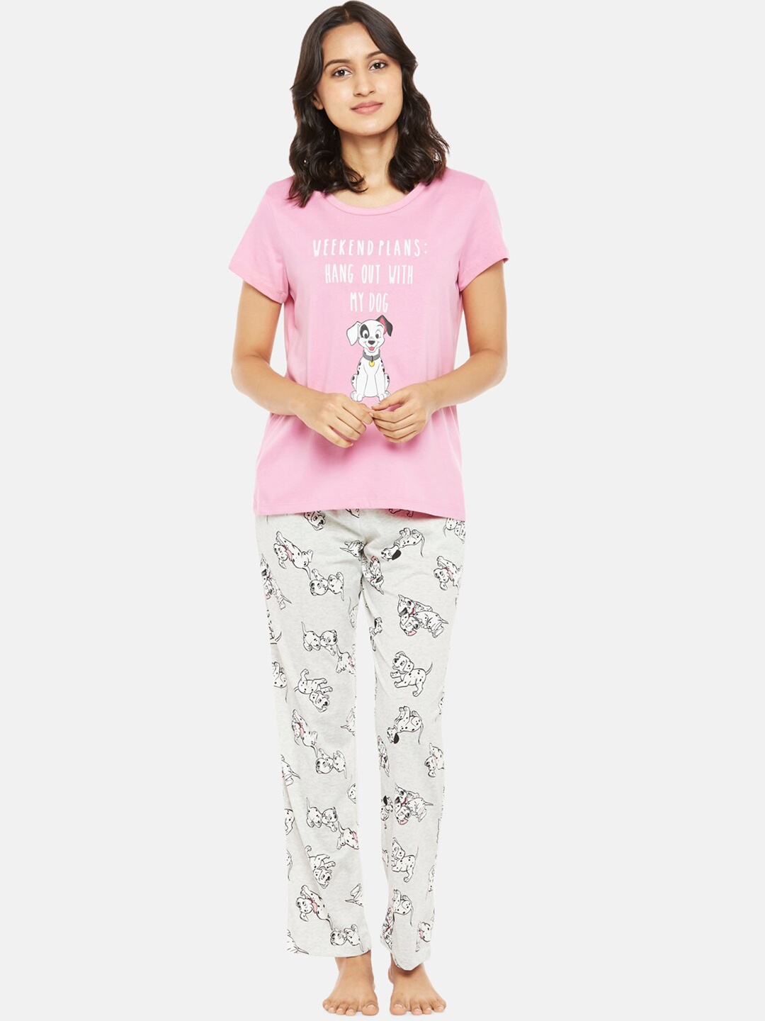 

Dreamz by Pantaloons Women Pink & Grey Printed Night suit
