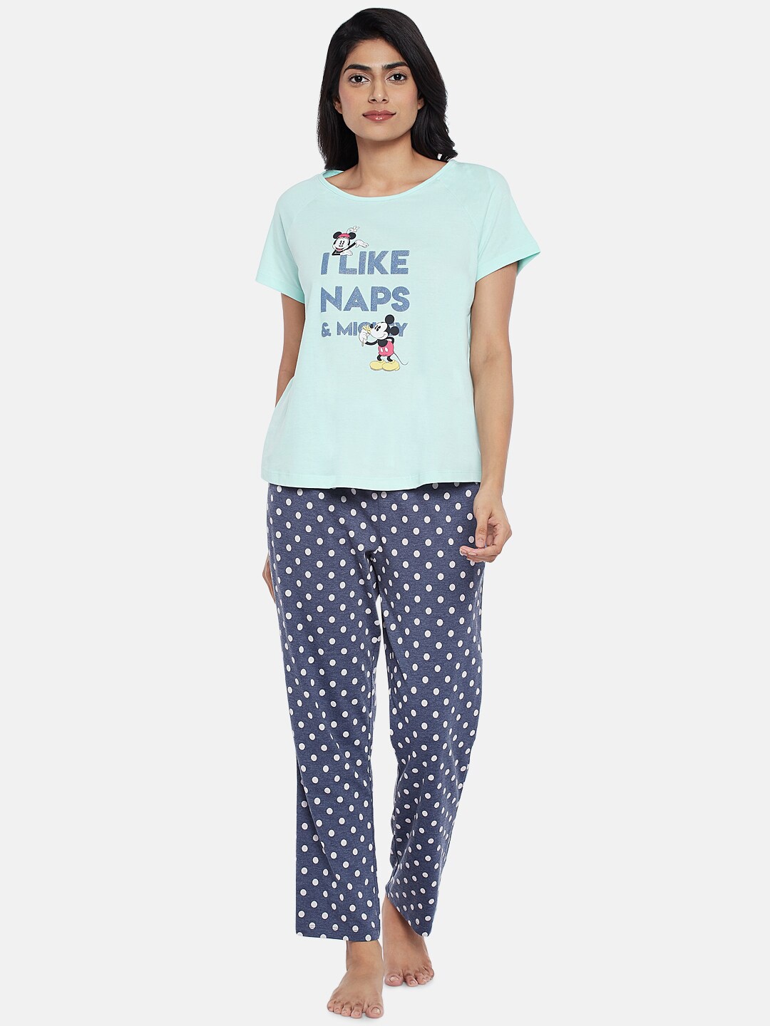 

Dreamz by Pantaloons Mickey Mouse Typography Printed Pure Cotton Night Suit, Sea green