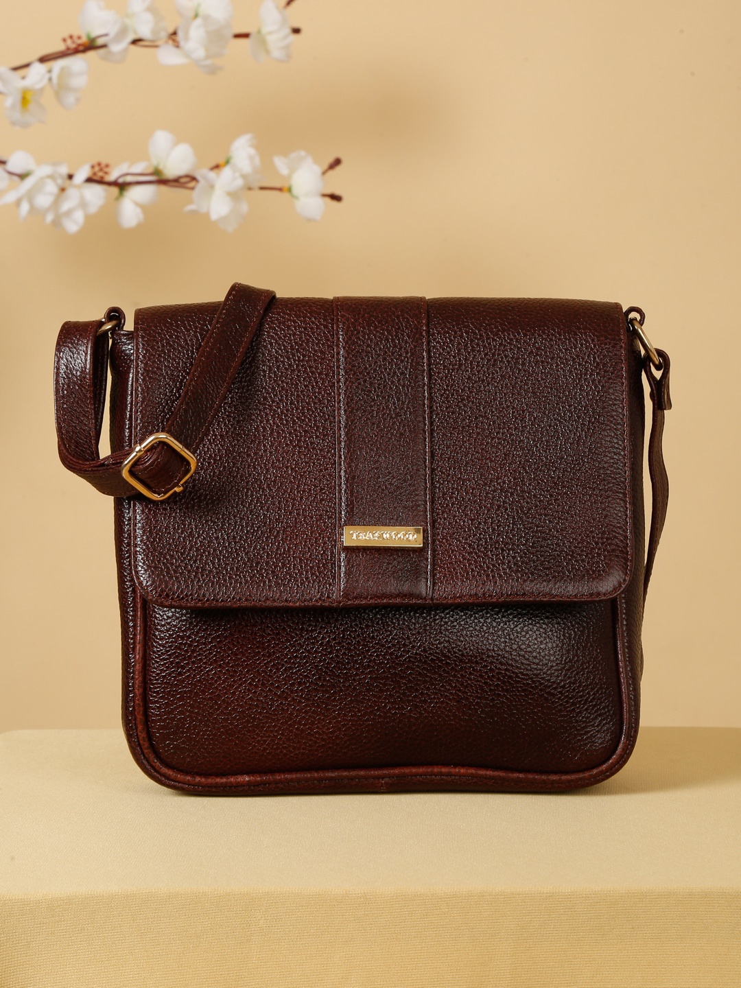 

Teakwood Leathers Leather Structured Sling Bag with Cut Work, Brown