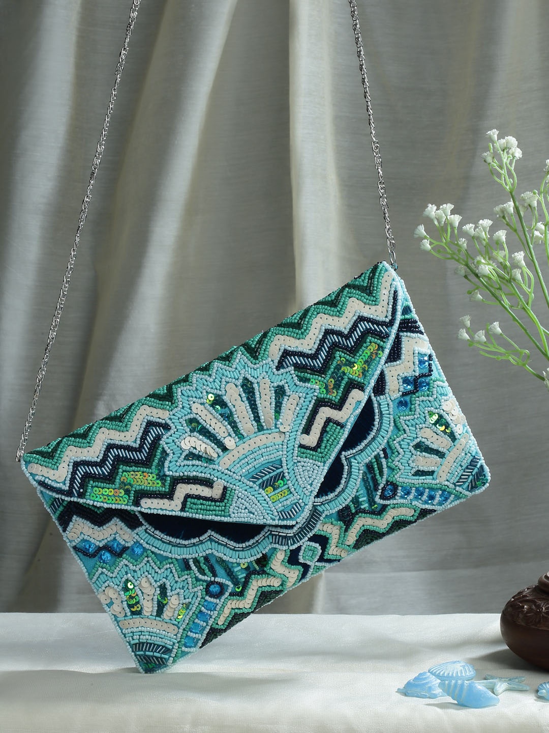 

Anekaant Beads & Sequines Embellished Canvas Sling Bag, Blue