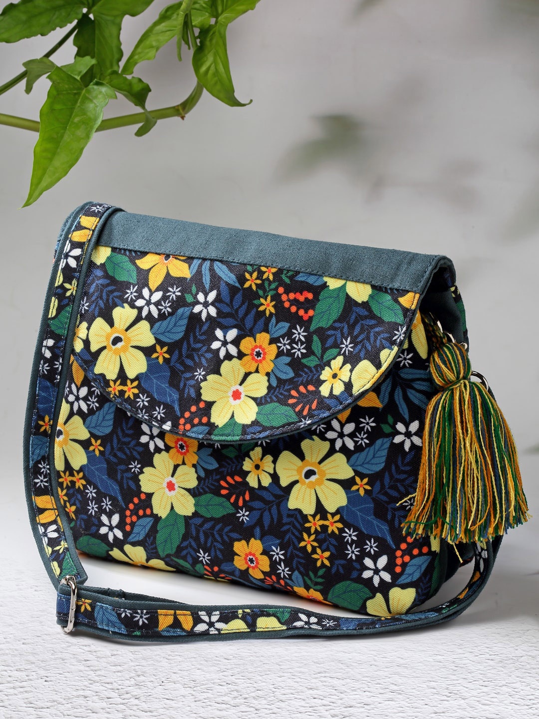 

Anekaant Floral Printed Tasselled Structured Sling Bag, Green