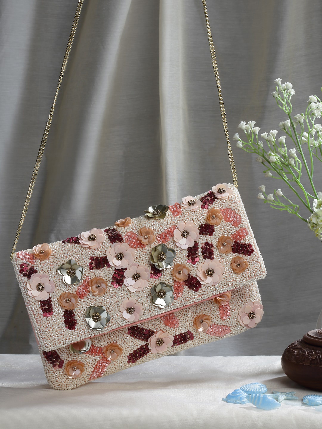

Anekaant Beads & Sequines Embellished Canvas Sling Bag, Pink