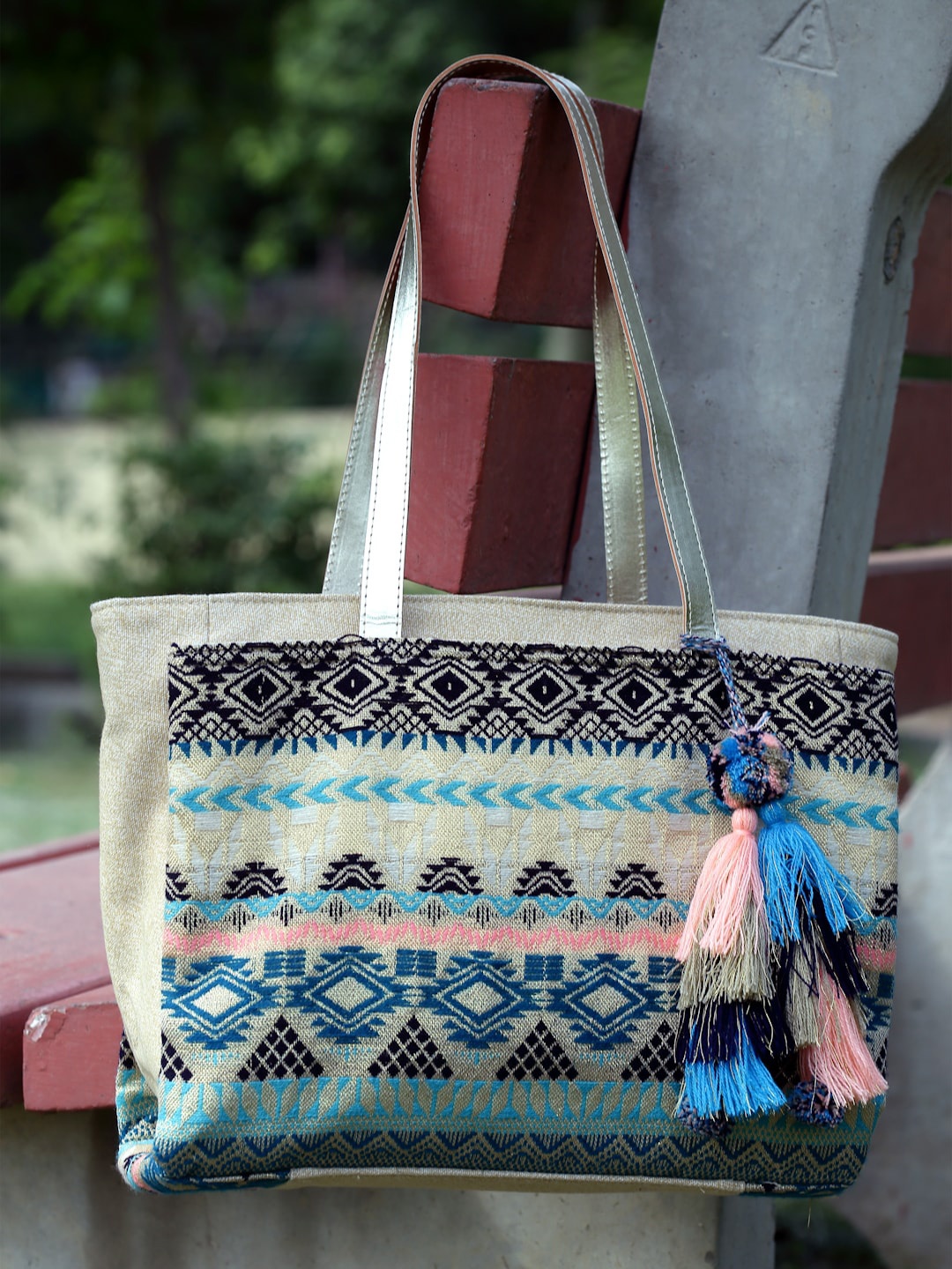Anekaant Ethnic Motifs Printed Tasselled Shopper Tote Bag, Beige