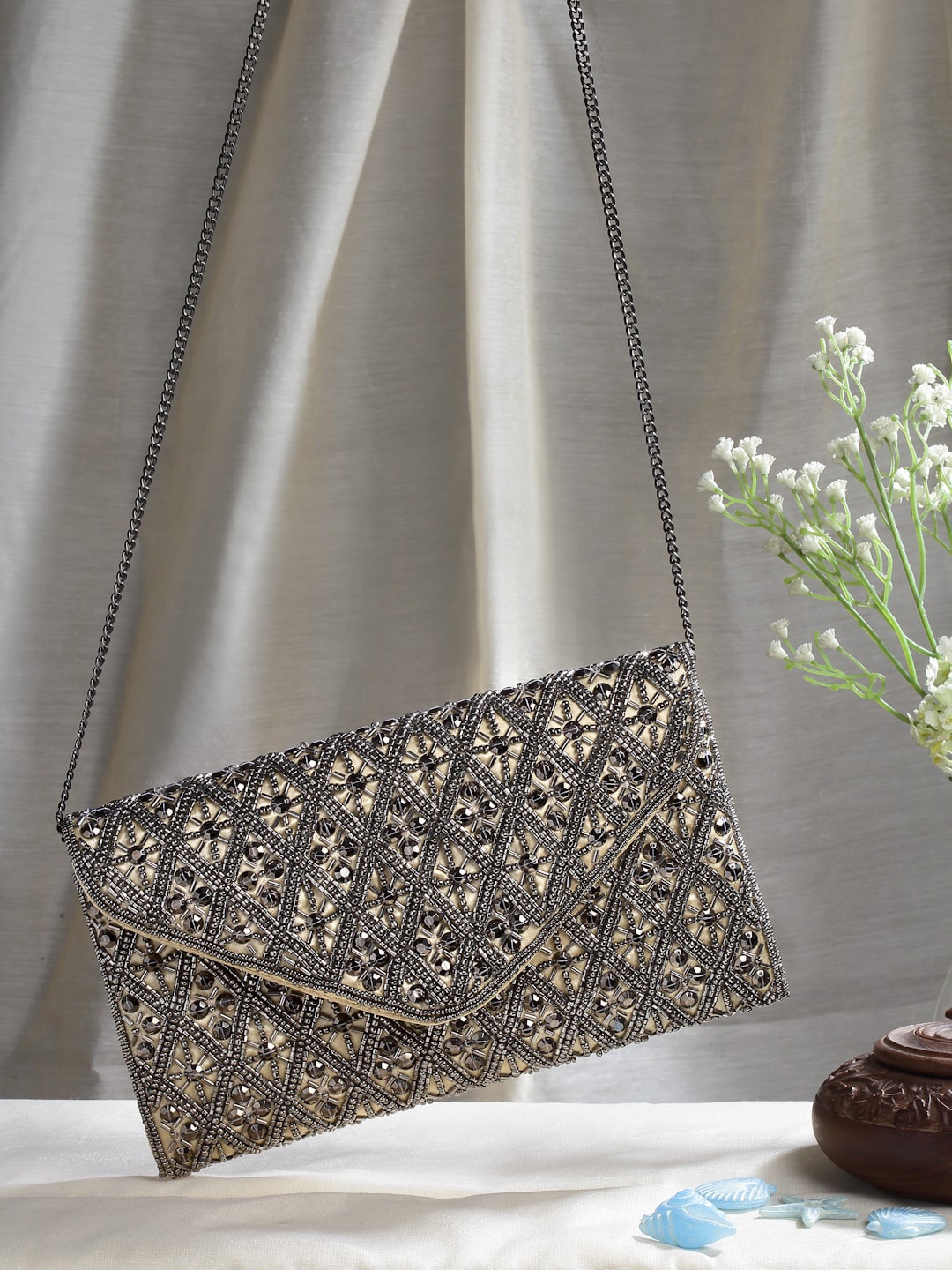 

Anekaant Beads & Sequines Embellished Satin Sling Bag, Gold