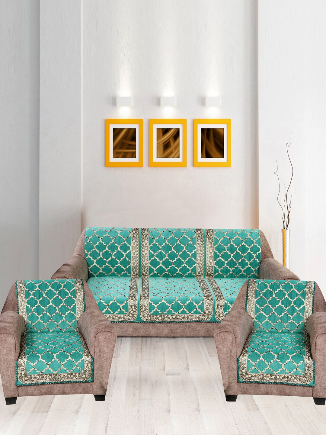 

Nendle Sea Green Velvet Ethnic Motif Printed 5 Seater Sofa Covers
