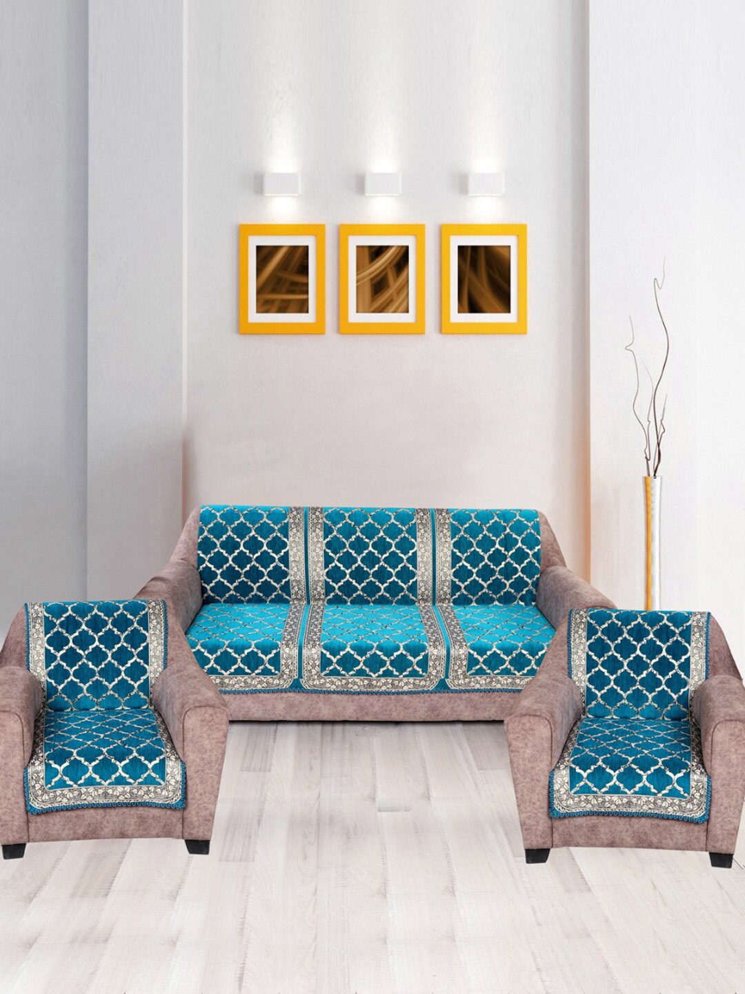 

Nendle Turquoise Blue Damask Printed Velvet 5 Seater Sofa Covers