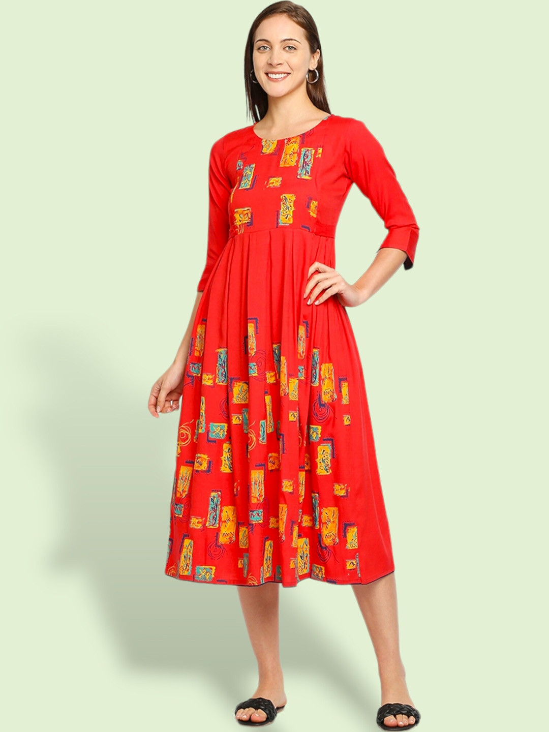 

True Shape Ethnic Motifs Printed Round Neck Gathered Maternity Fit & Flare Midi Dress, Red