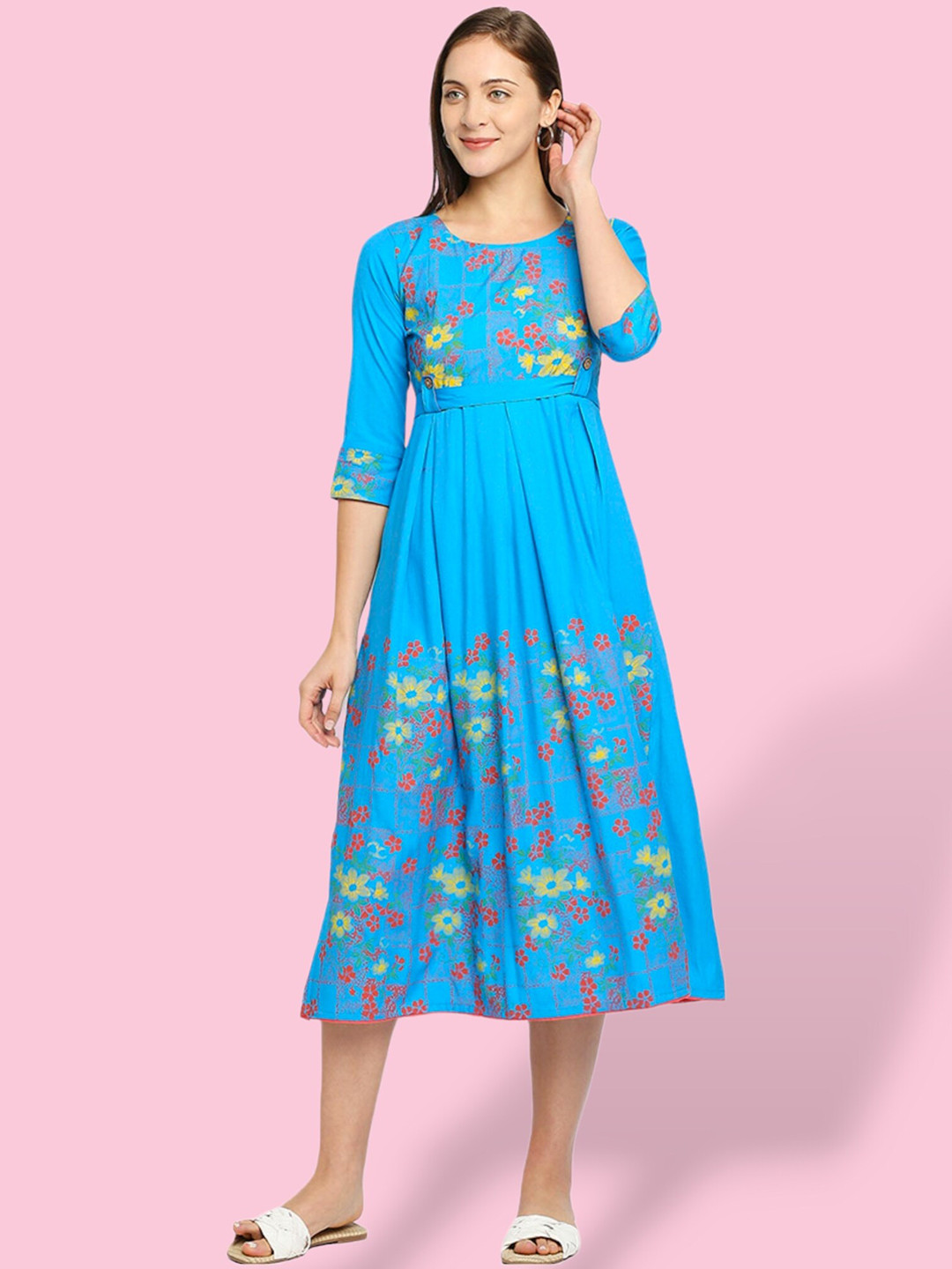 

True Shape Floral Printed Round Neck Gathered Maternity Fit & Flare Midi Dress, Blue
