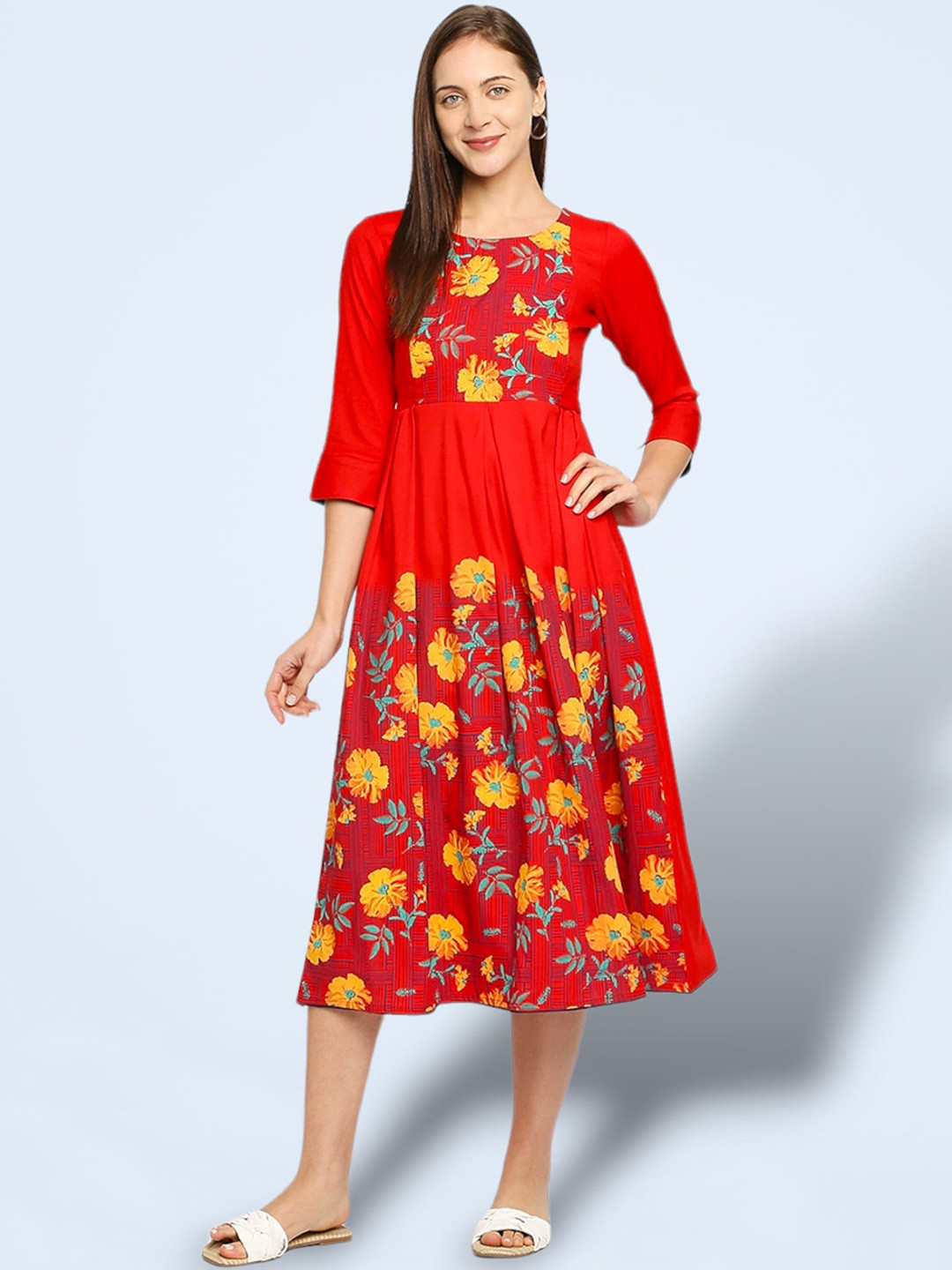 

True Shape Floral Printed Round Neck Gathered Maternity Fit & Flare Midi Dress, Red