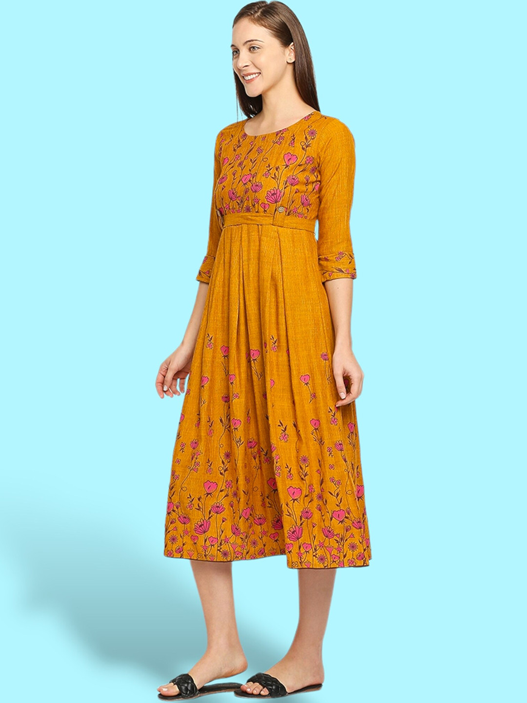 

True Shape Floral Printed Round Neck Gathered Maternity Fit & Flare Midi Dress, Brown