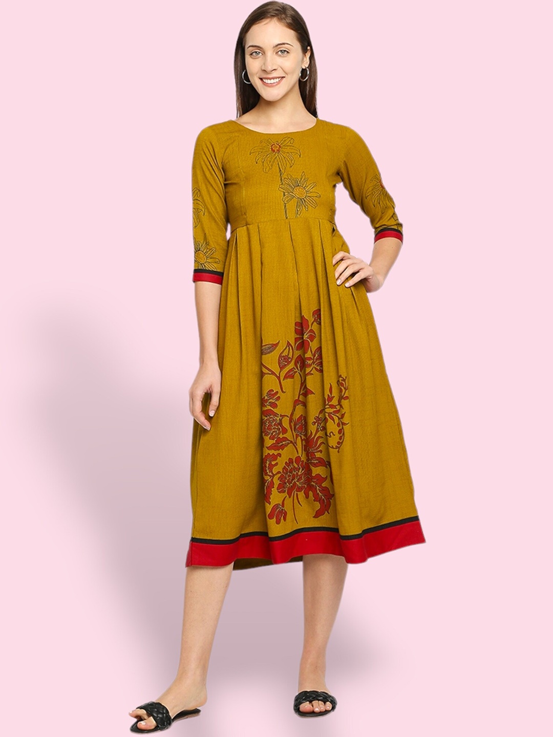 

True Shape Floral Printed Round Neck Gathered Maternity Fit & Flare Midi Dress, Mustard