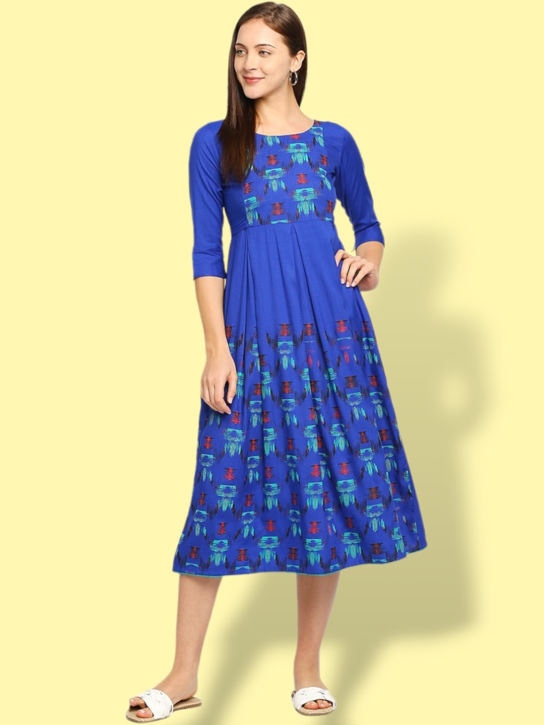 

True Shape Printed Round Neck Maternity Fit & Flare Midi Dress, Blue