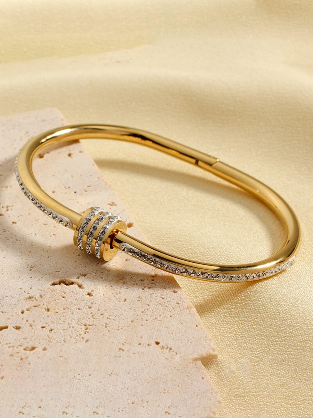 MYKI Women Gold-Plated Cubic Zirconia-Studded Kada Bracelet