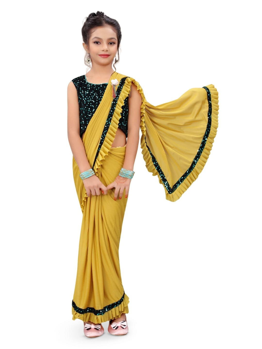 

Dhyey Fashion Girls Sequinned Ready to Wear Saree, Yellow