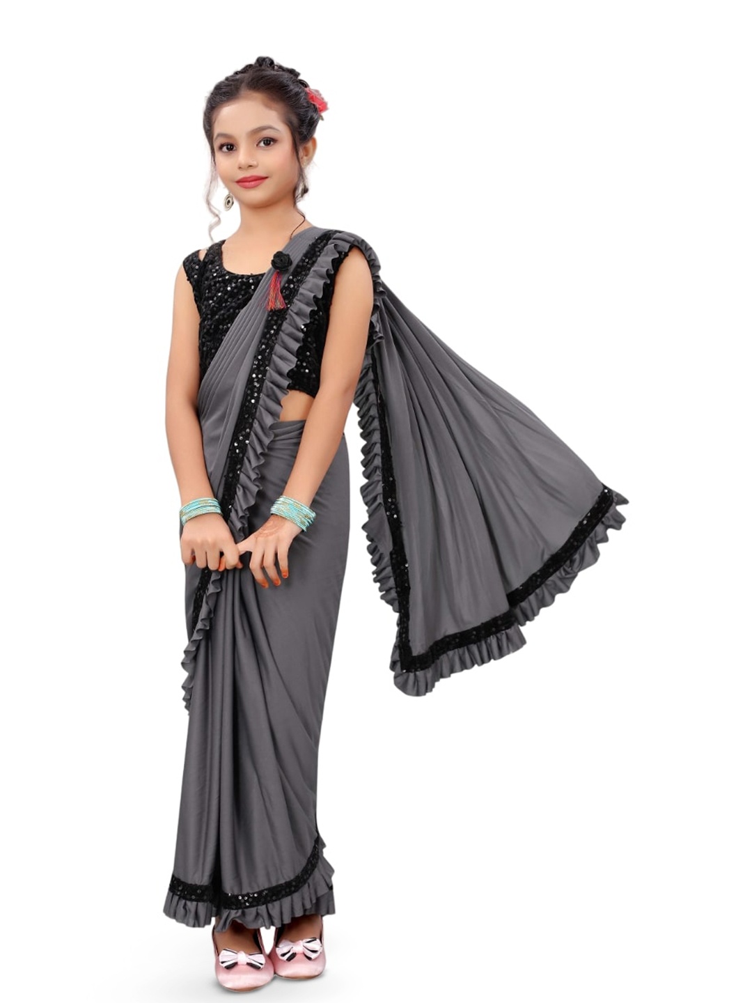 

Dhyey Fashion Girls Sequinned Ready to Wear Saree, Grey