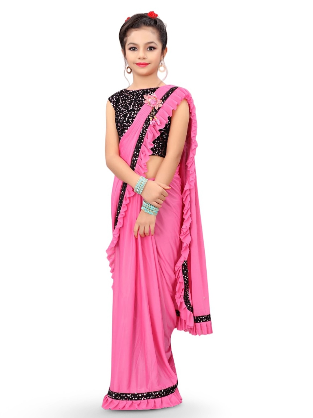 

Dhyey Fashion Girls Embellished Sequinned Detailed Lycra Saree, Pink