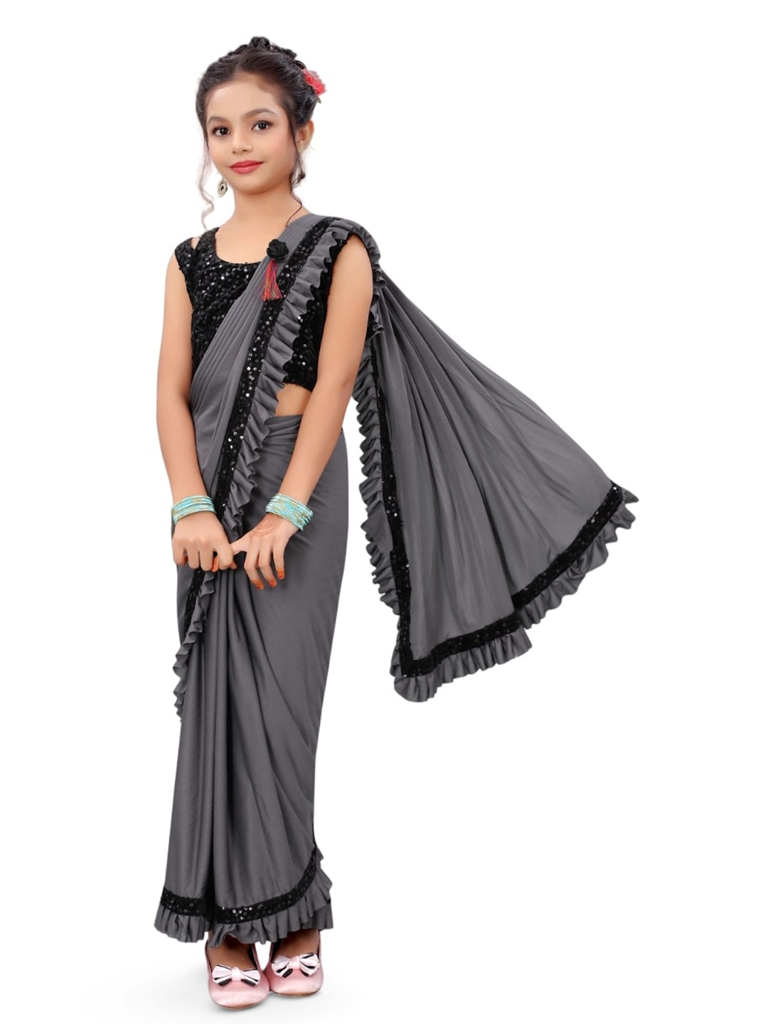 

Dhyey Fashion Girls Sequinned Ready to Wear Saree, Grey