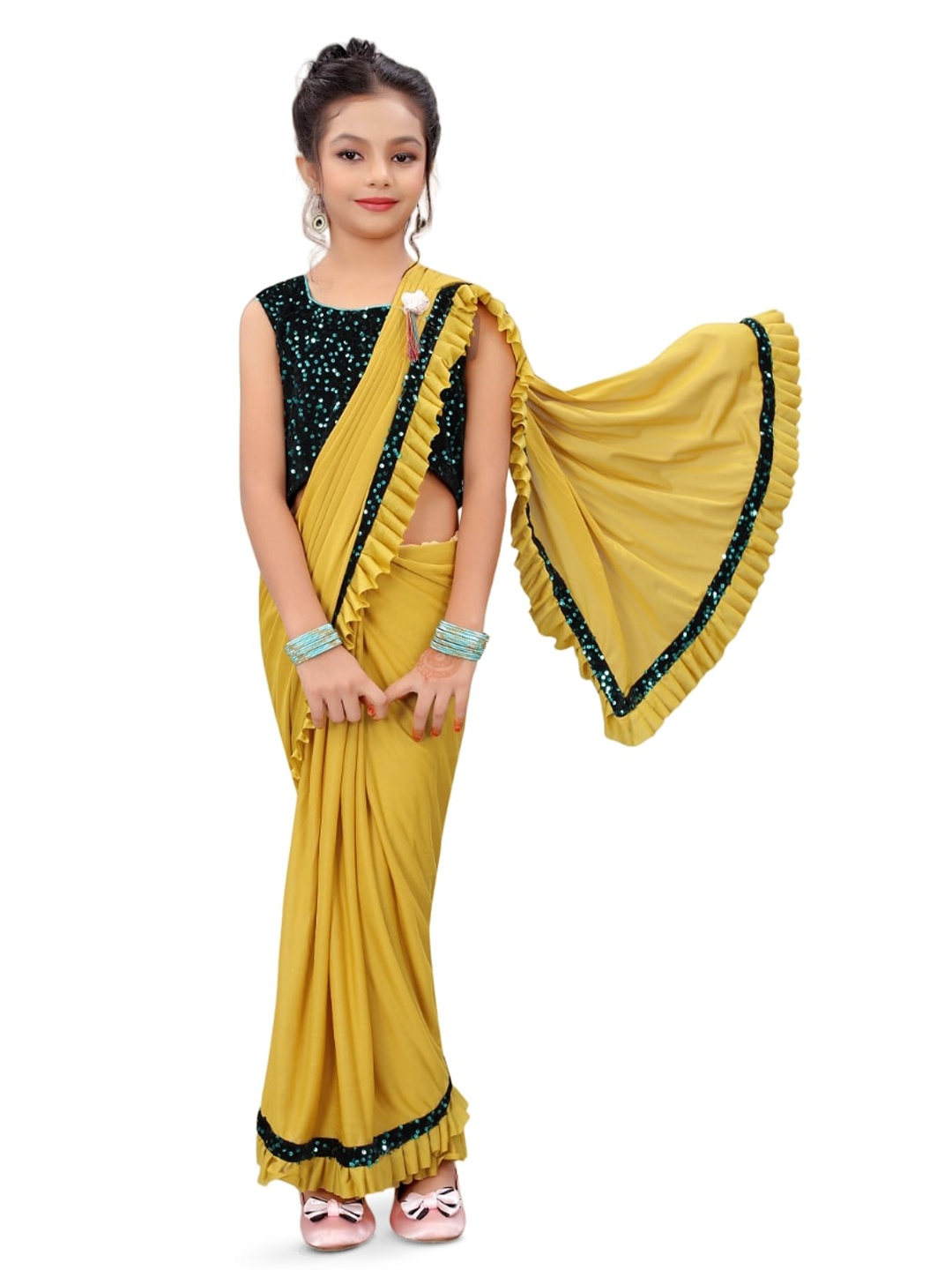 

Dhyey Fashion Girls Sequinned Ready to Wear Saree, Yellow