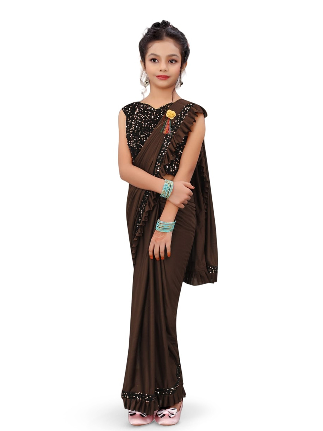 

Dhyey Fashion Girls Sequinned Ready to Wear Saree, Brown