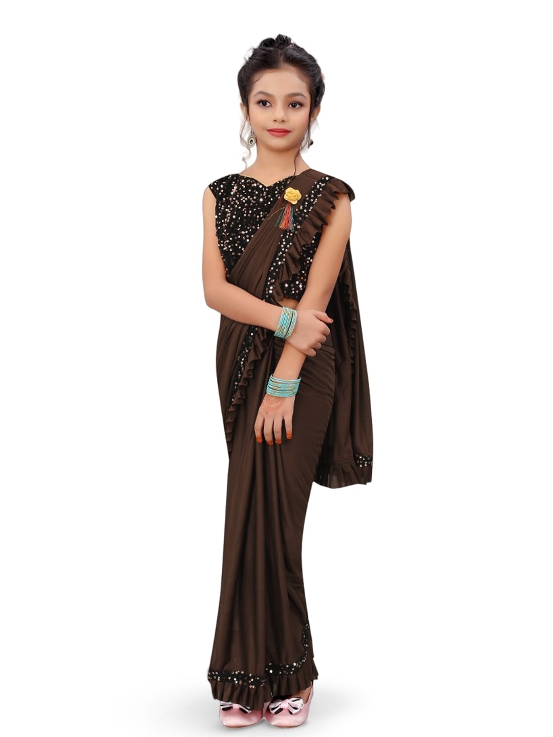 

Dhyey Fashion Girls Sequinned Ready to Wear Saree, Brown