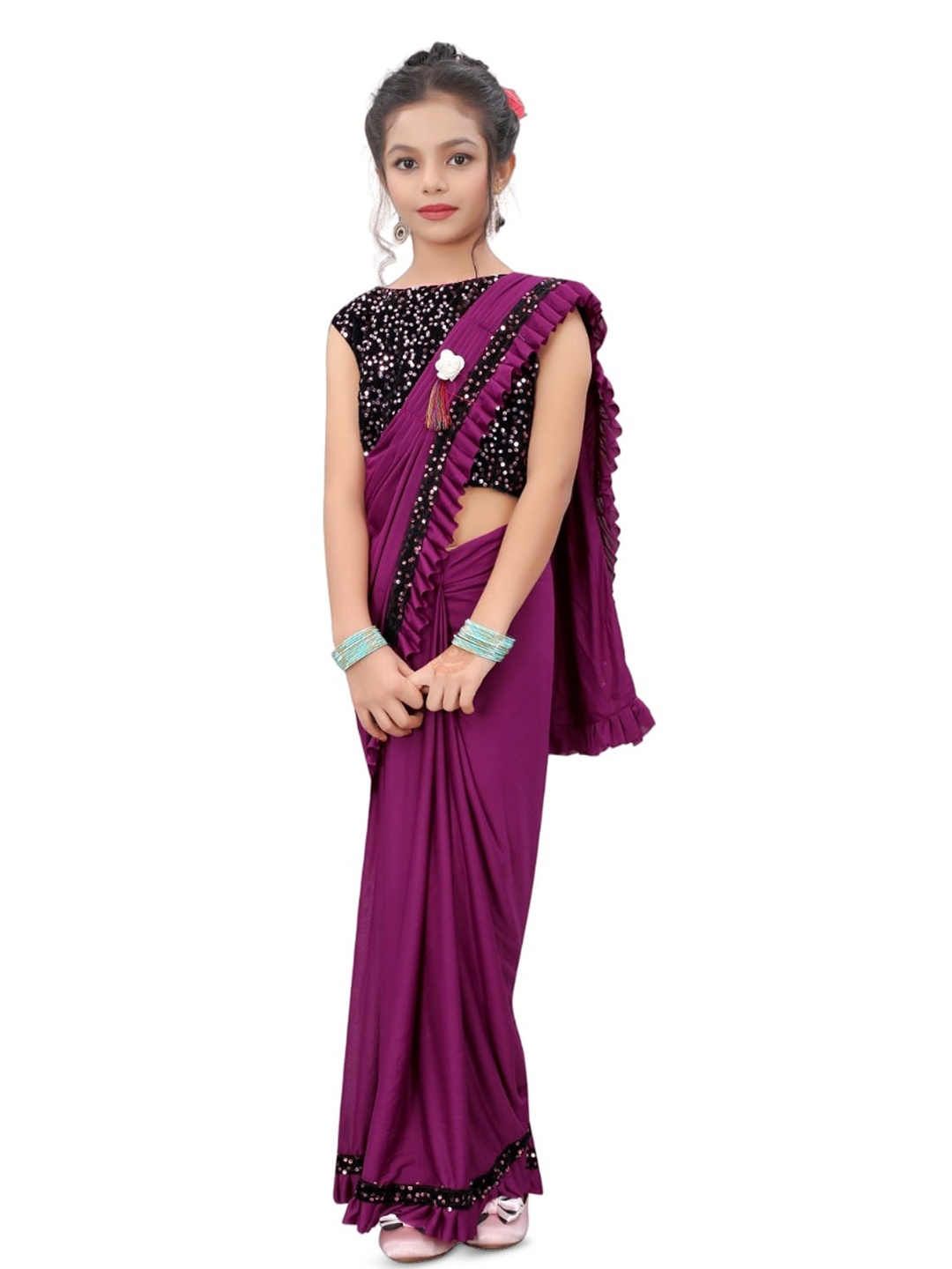 

Dhyey Fashion Girls Embellished Sequinned Detailed Lycra Saree, Purple