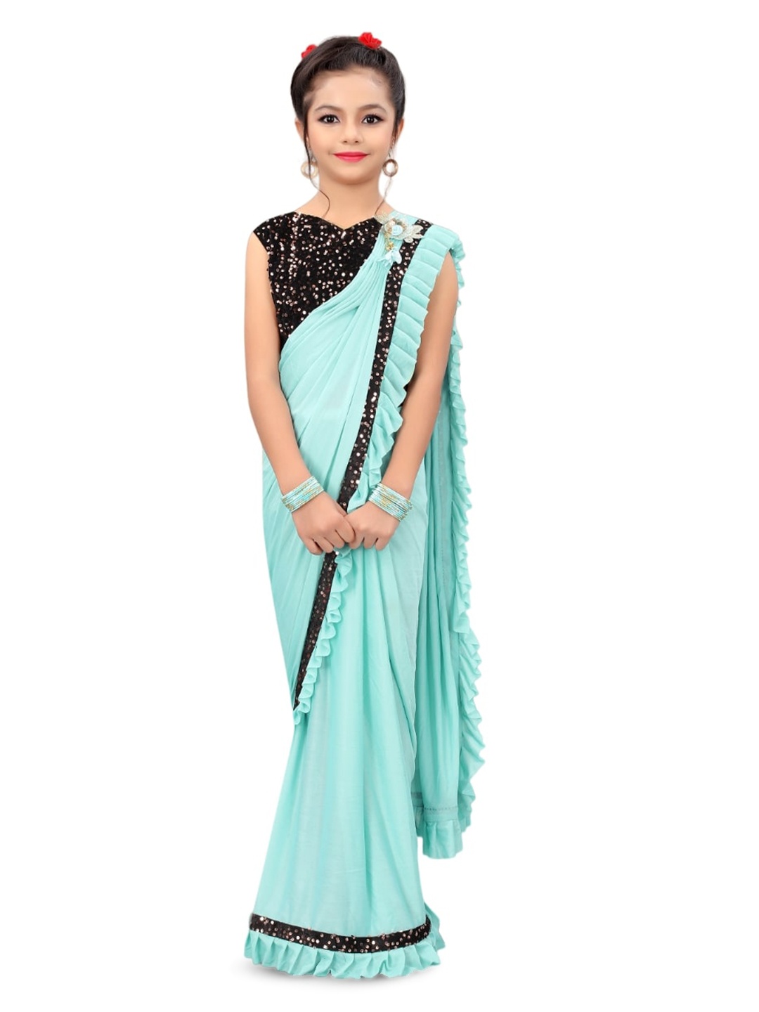 

Dhyey Fashion Girls Sequinned Ruffled Saree, Turquoise blue
