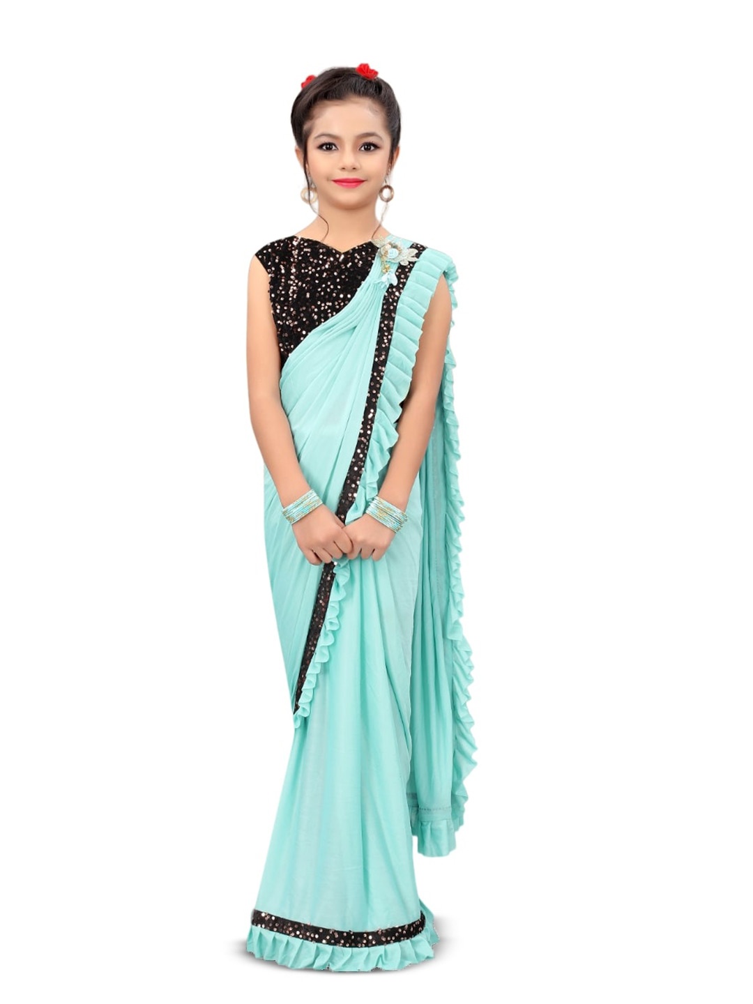 

Dhyey Fashion Girls Embellished Sequinned Detailed Lycra Saree, Turquoise blue