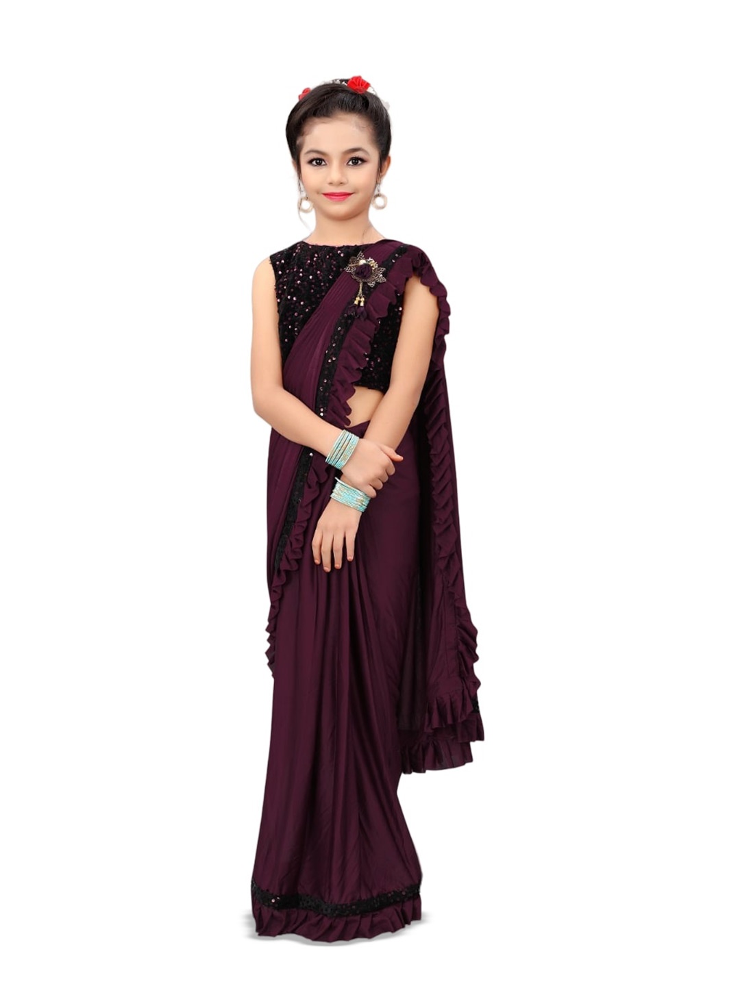 

Dhyey Fashion Girls Sequined Ready To Wear Saree, Maroon