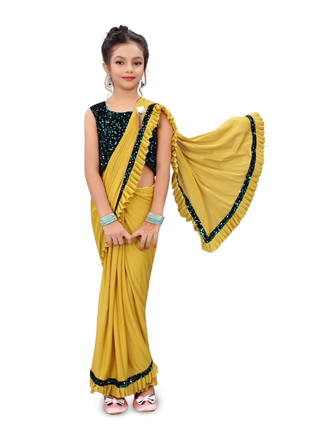 

Dhyey Fashion Girls Sequinned Ready to Wear Saree, Yellow
