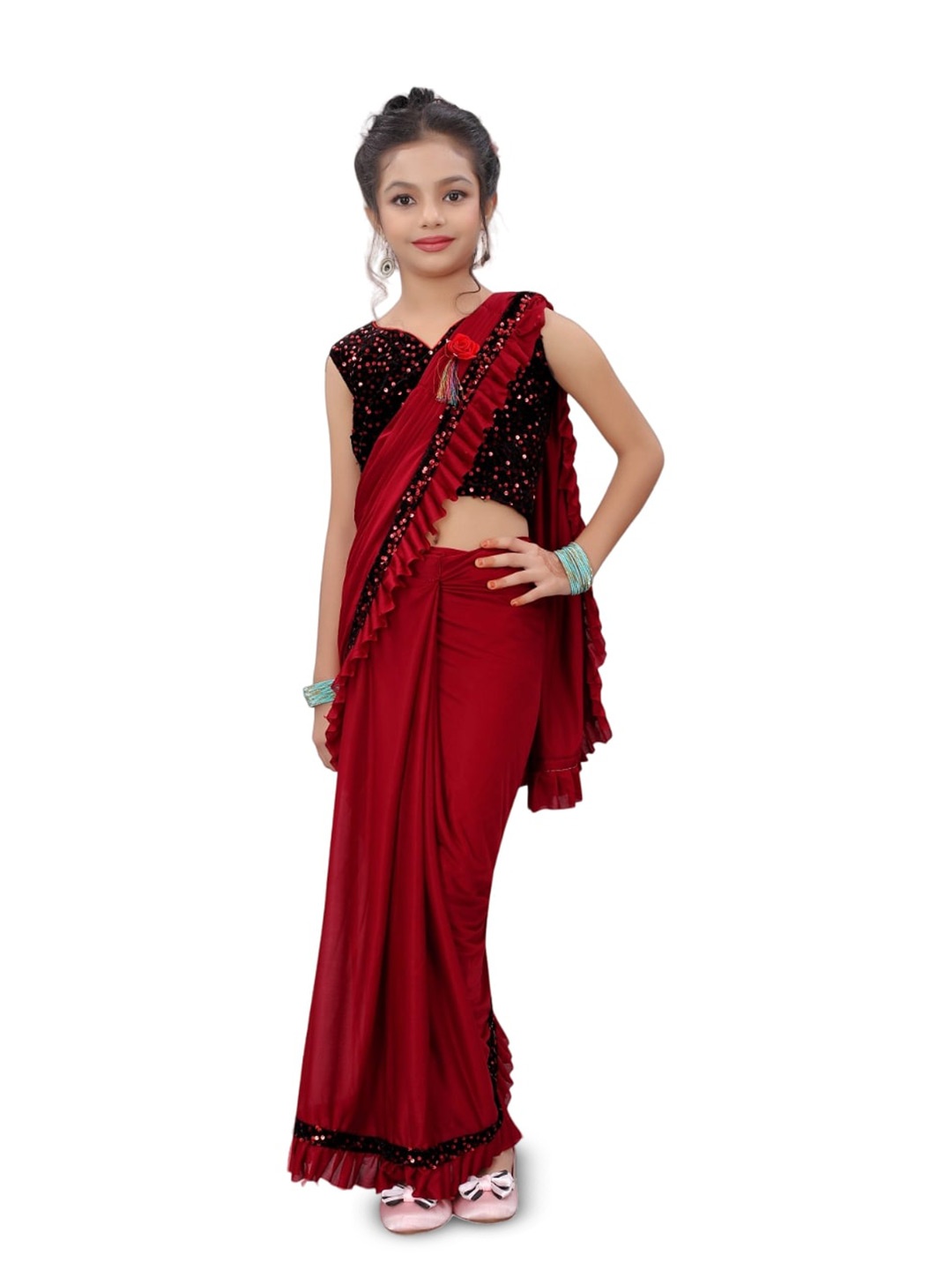 

Dhyey Fashion Girls Sequined Ready To Wear Saree, Red