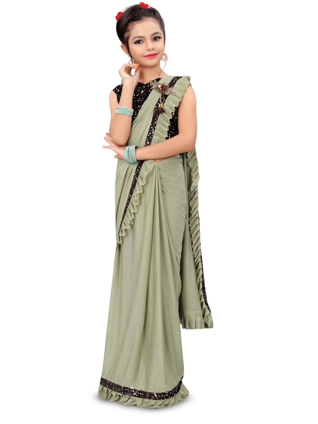 

Dhyey Fashion Girls Embellished Sequinned Detailed Lycra Saree, Olive