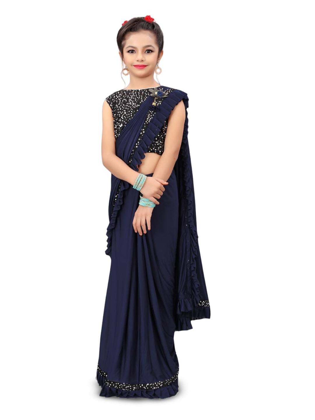 

Dhyey Fashion Girls Sequinned Ready to Wear Saree, Navy blue