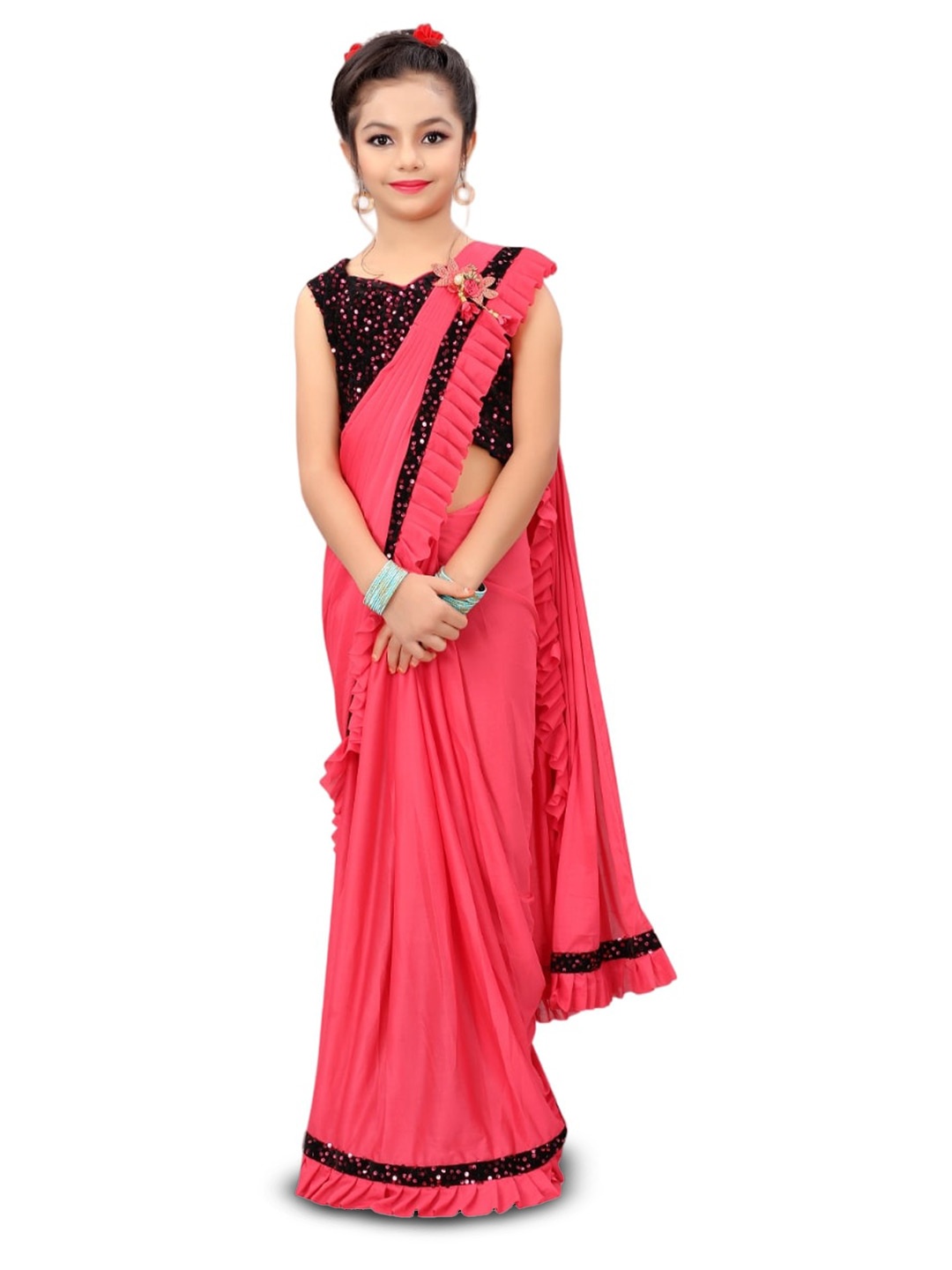 

Dhyey Fashion Girls Sequinned Ready to Wear Saree, Pink