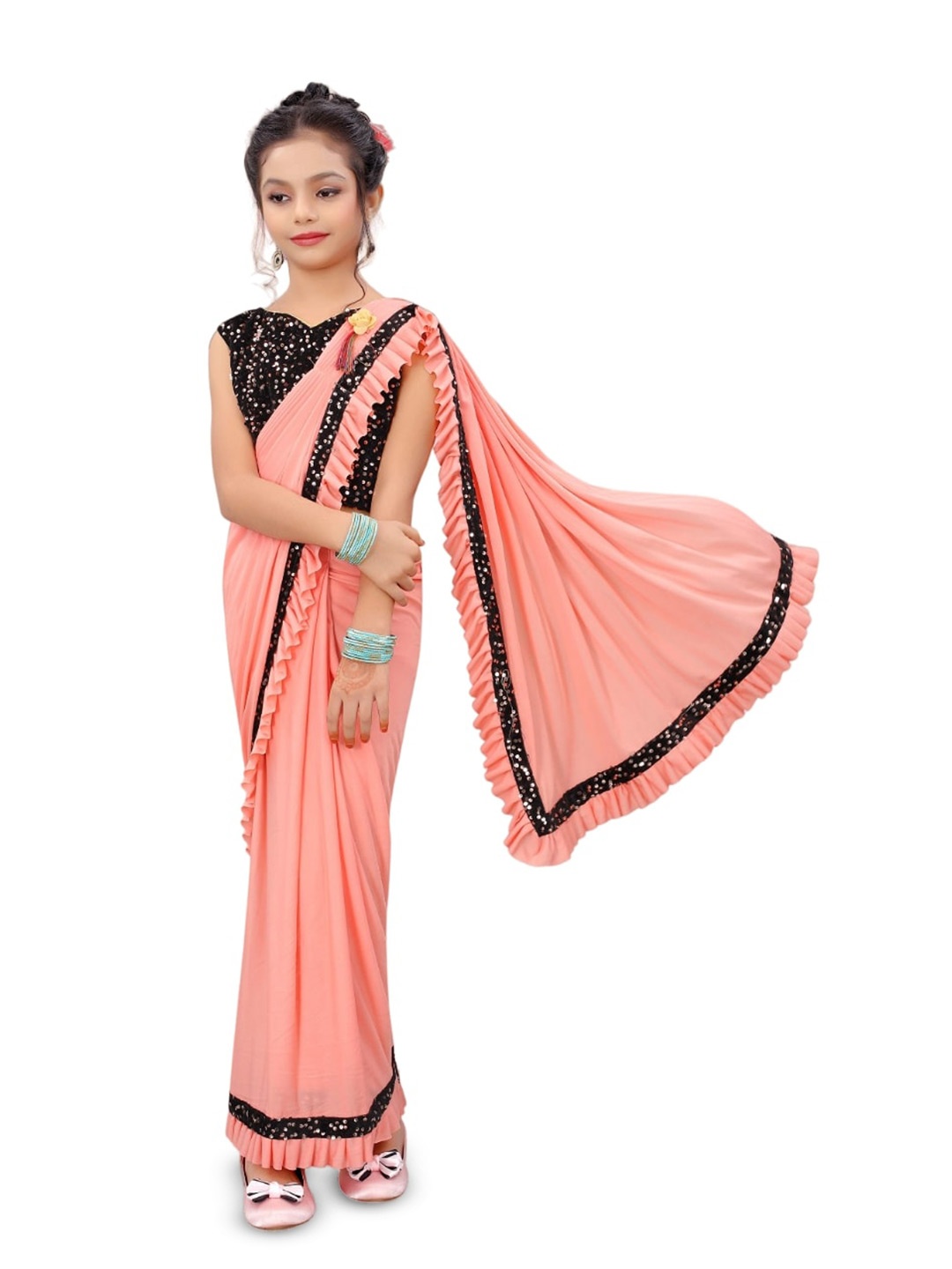 

Dhyey Fashion Girls Sequinned Ready to Wear Saree, Orange