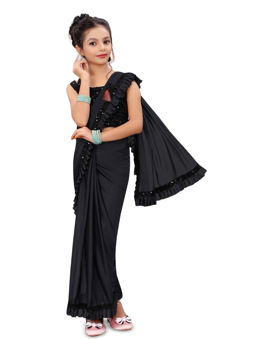 

Dhyey Fashion Girls Sequinned Ruffled Saree, Black