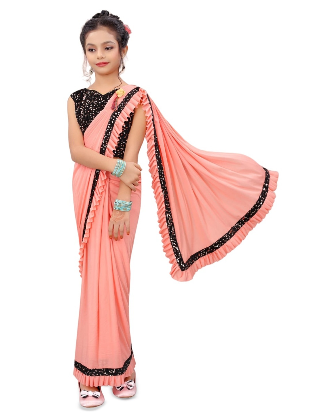 

Dhyey Fashion Girls Sequinned Ready to Wear Saree, Orange